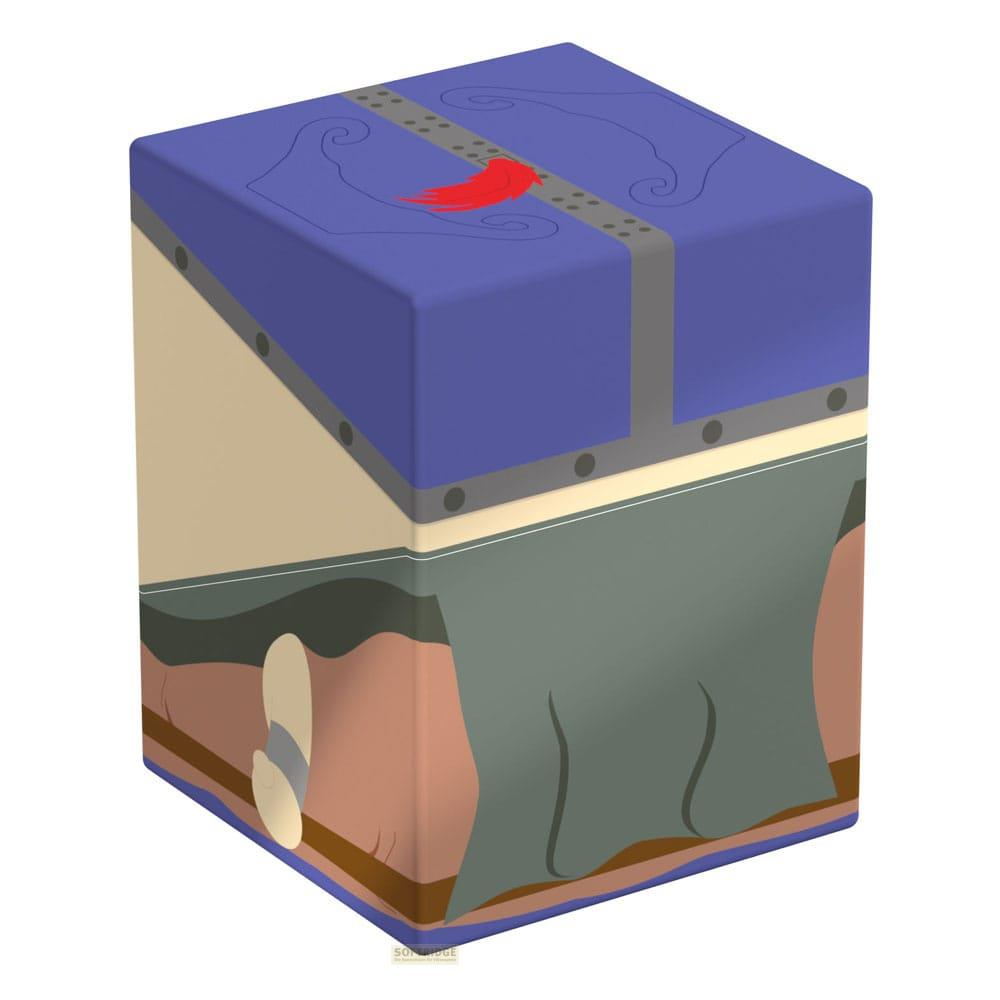 Un cubo blu con cucitura grigia e design a piuma rossa.