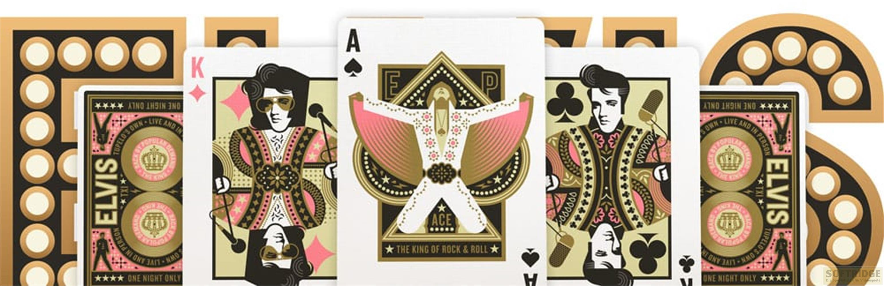Carte da gioco di Elvis: Re, Asso e rovesci con motivi di Elvis in oro, rosa e nero.