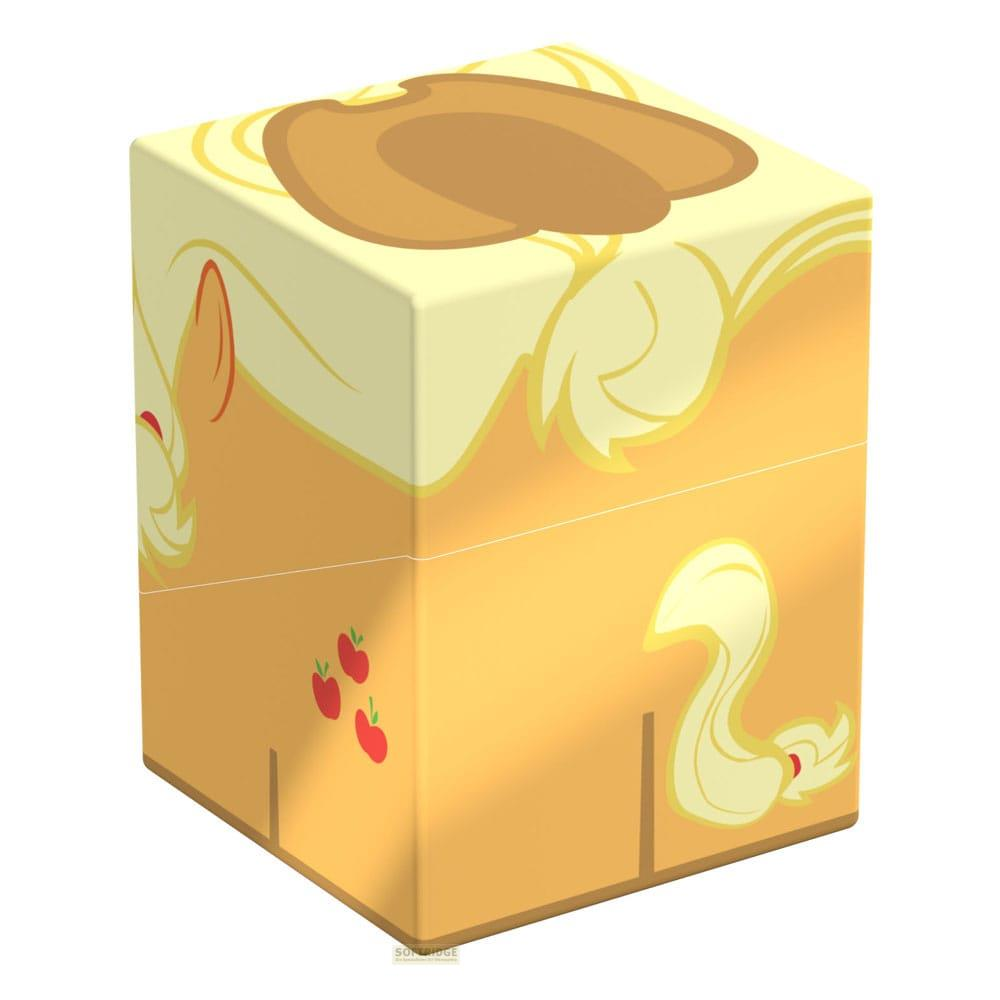 Boîte jaune avec motif Applejack, trois pommes sur le côté.
