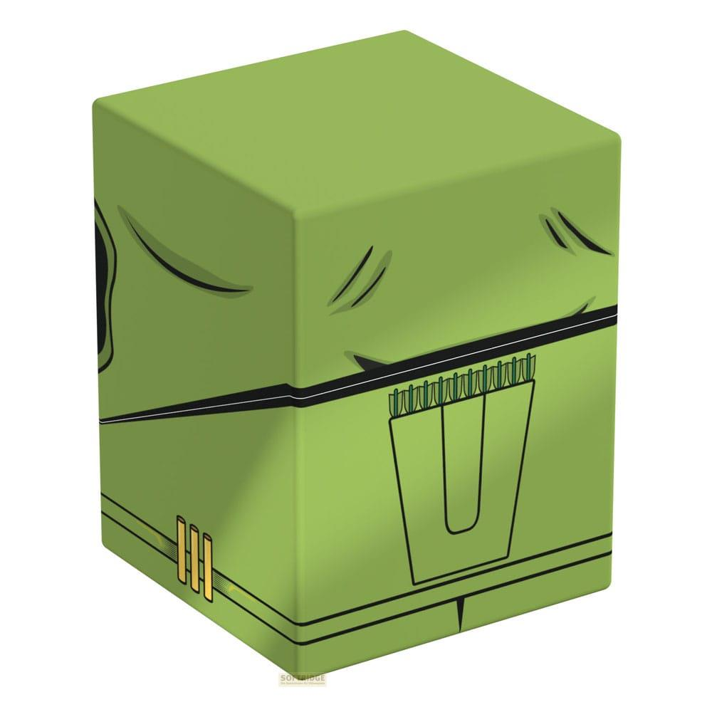 Un contenitore verde con linee nere che ricordano un volto.