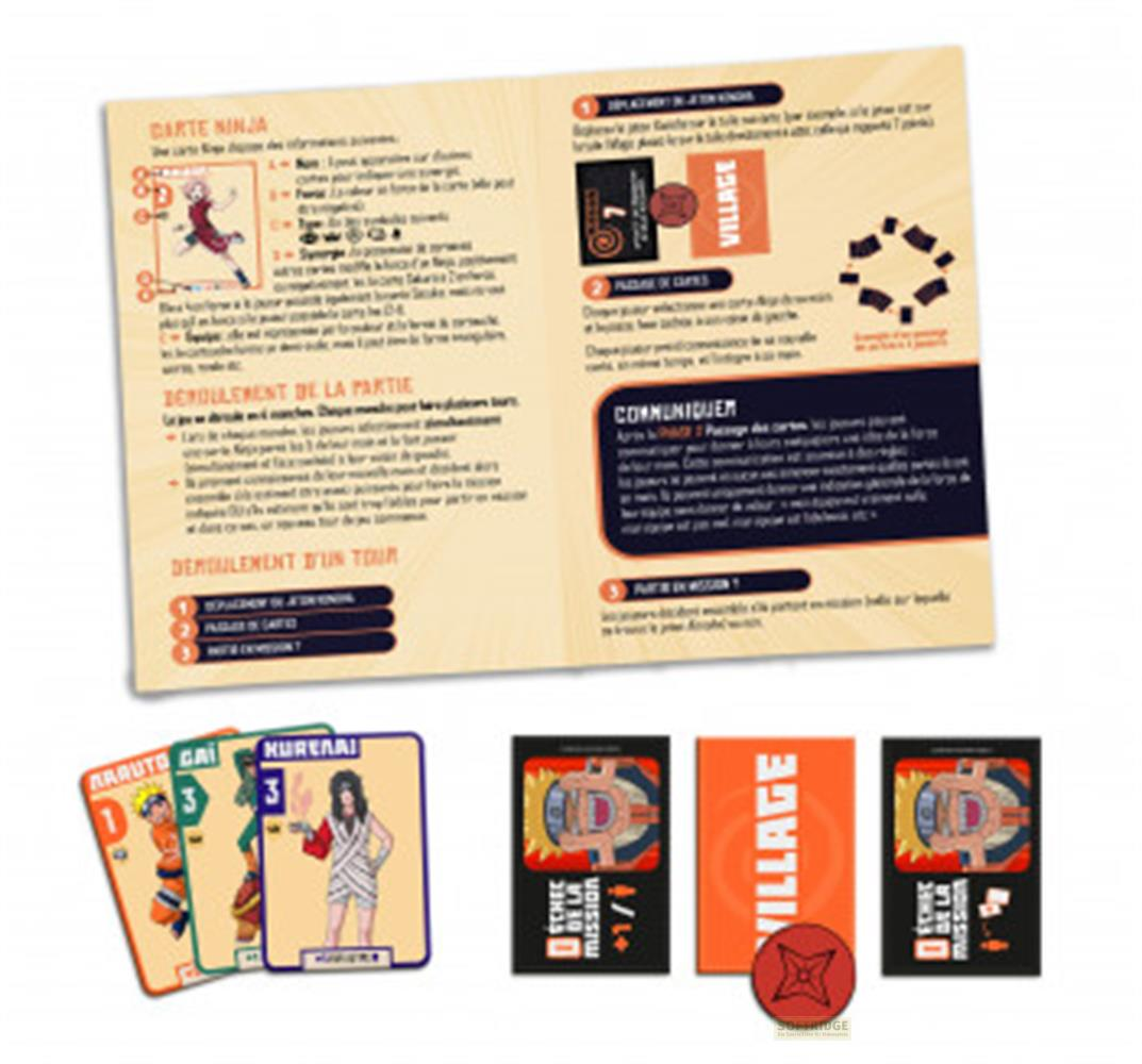 Cartes de jeu Naruto et instructions avec symboles et personnages japonais.
