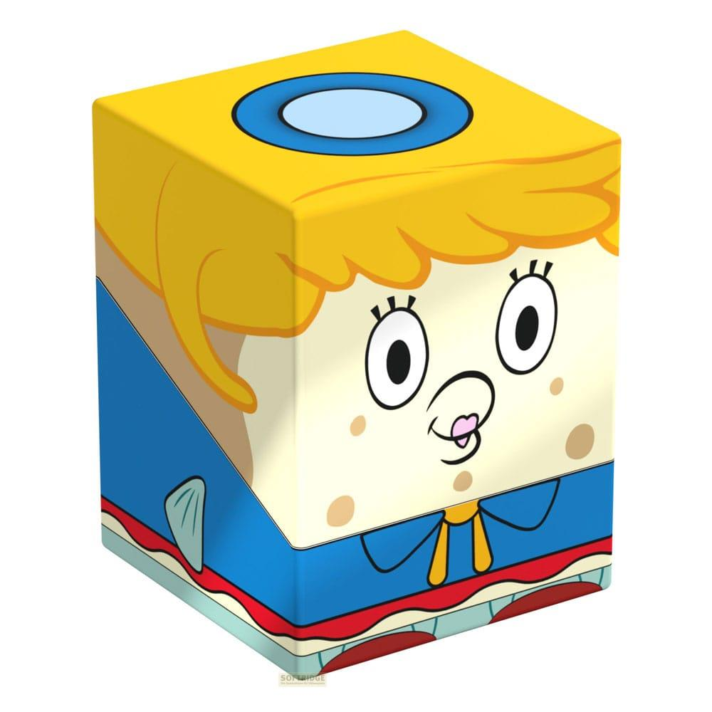 Scatola rettangolare gialla con faccia di Spongebob, vestiti blu e capelli biondi.