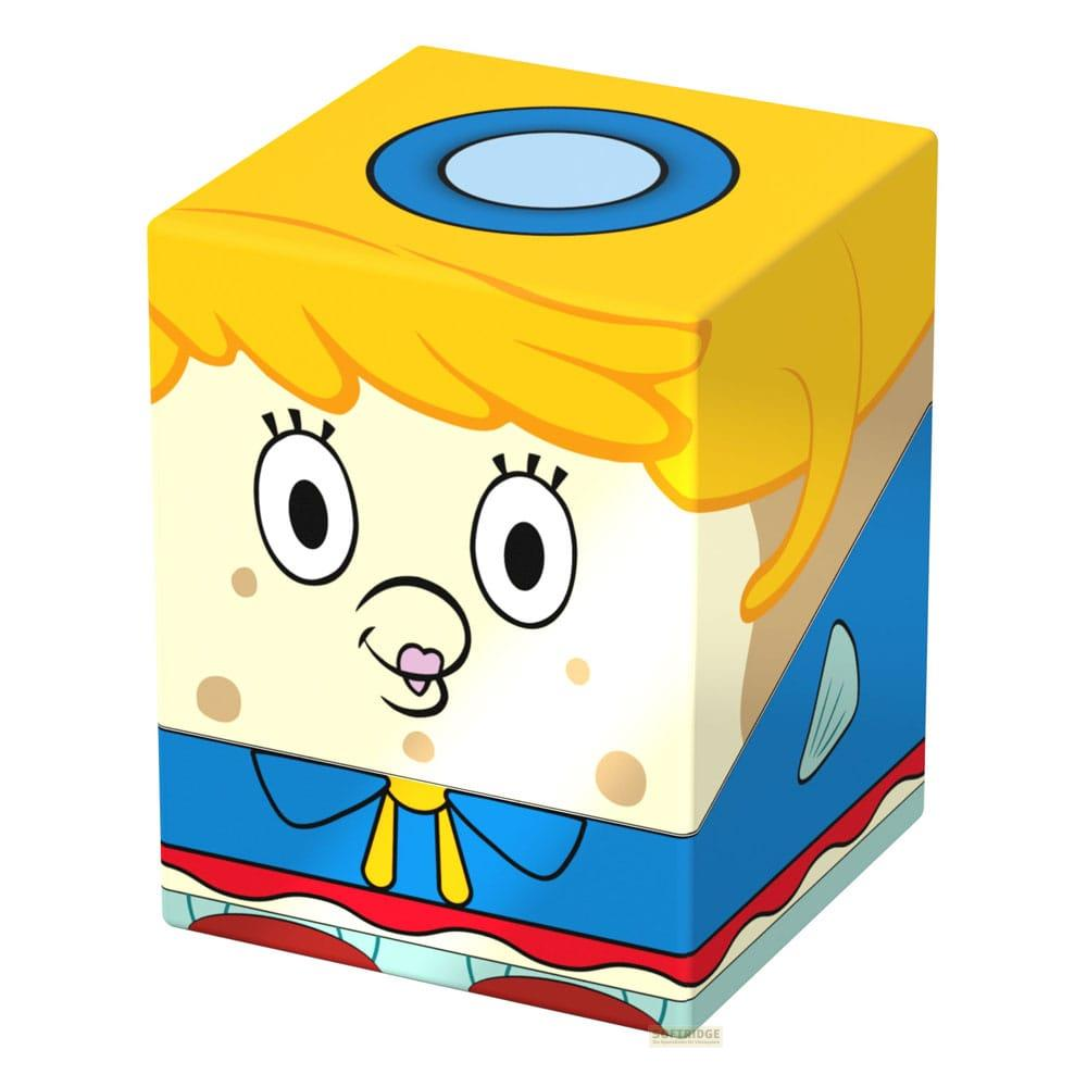 Un cubo giallo con un viso, occhi blu e capelli biondi, con apertura.