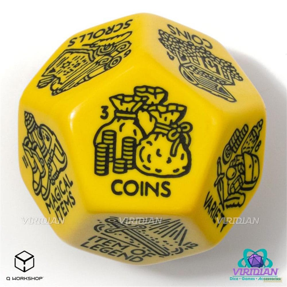 Un dado D20 giallo con icone nere: monete, pergamene, oggetti magici, varietà, leggenda.