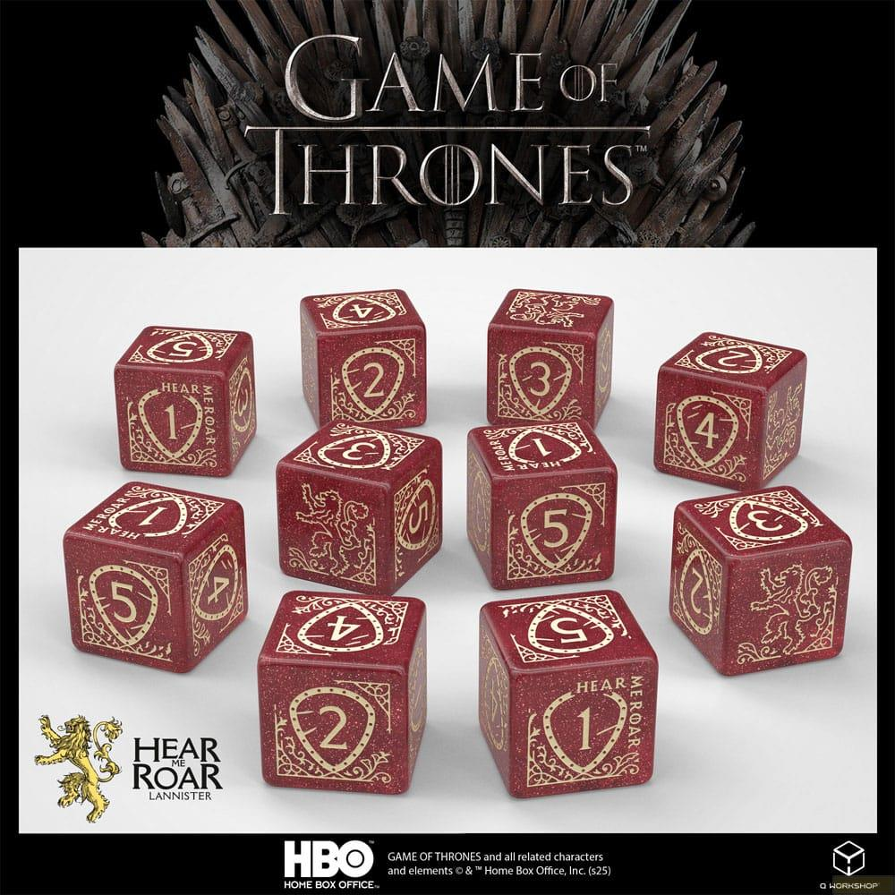 Nove dadi rossi con simboli dorati, numeri 1-5, e il logo di Game of Thrones.