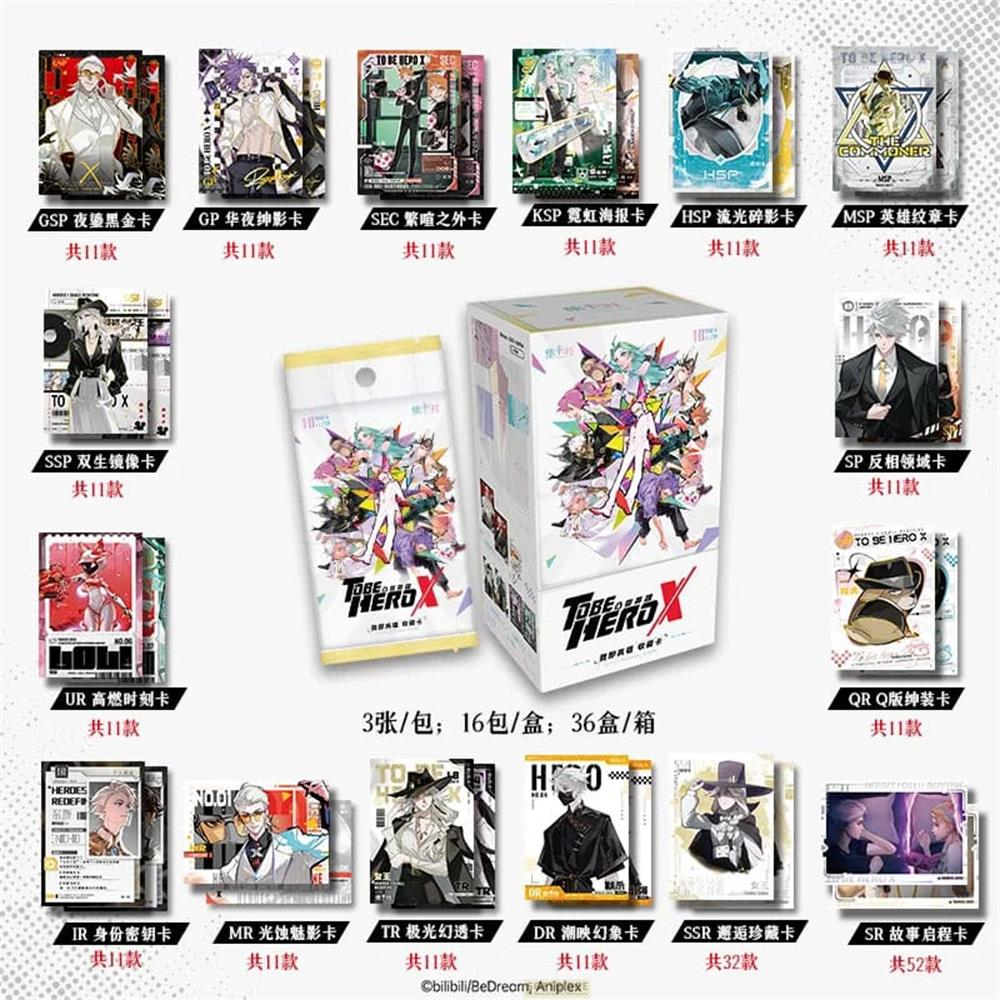 Collection de cartes à collectionner d'anime dans divers styles et emballages. Personnages et texte.