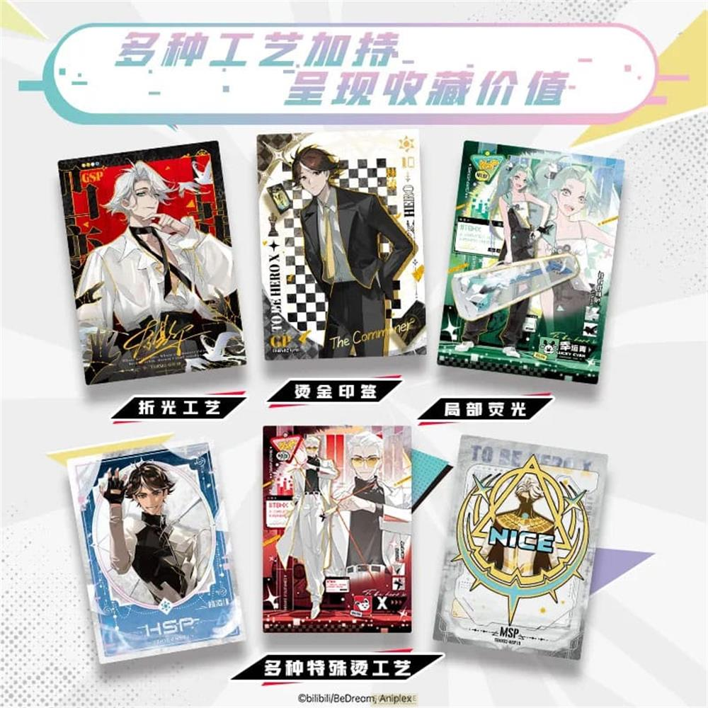 Six cartes à collectionner d'anime avec divers personnages dans différentes poses et styles.