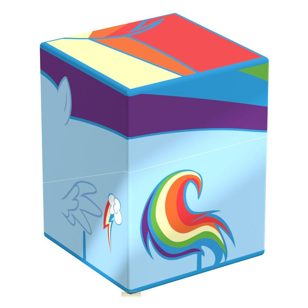Un cube bleu avec des motifs arc-en-ciel et un visage de cheval cartoon.