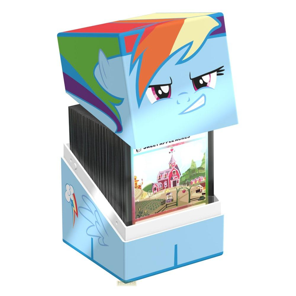 Un conteneur bleu clair avec Rainbow Dash, contenant une pile de cartes.