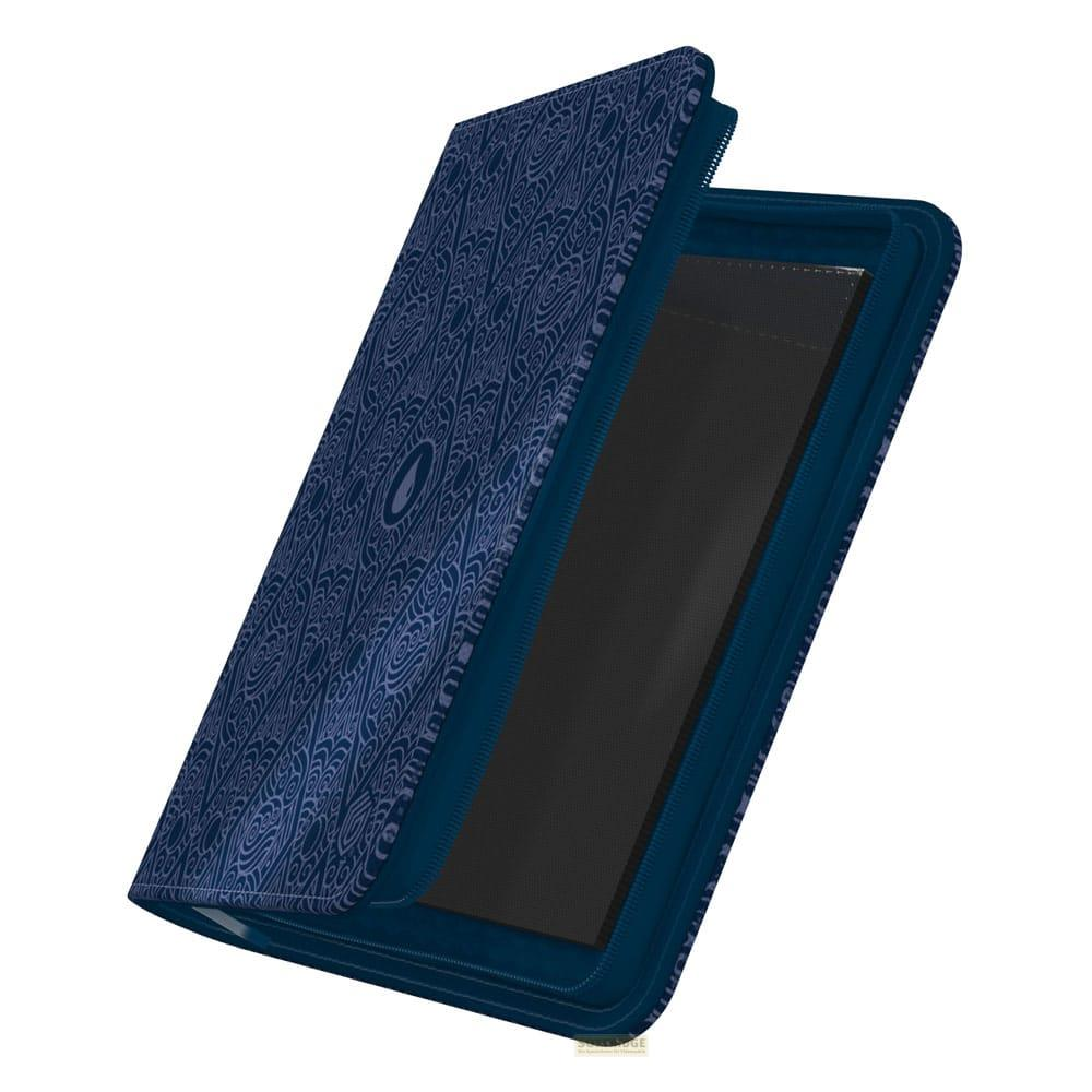 Un étui bleu foncé à motif, ouvert avec un insert noir.