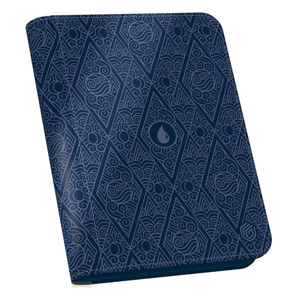 Étui bleu foncé à motif géométrique et symbole de goutte d'eau.