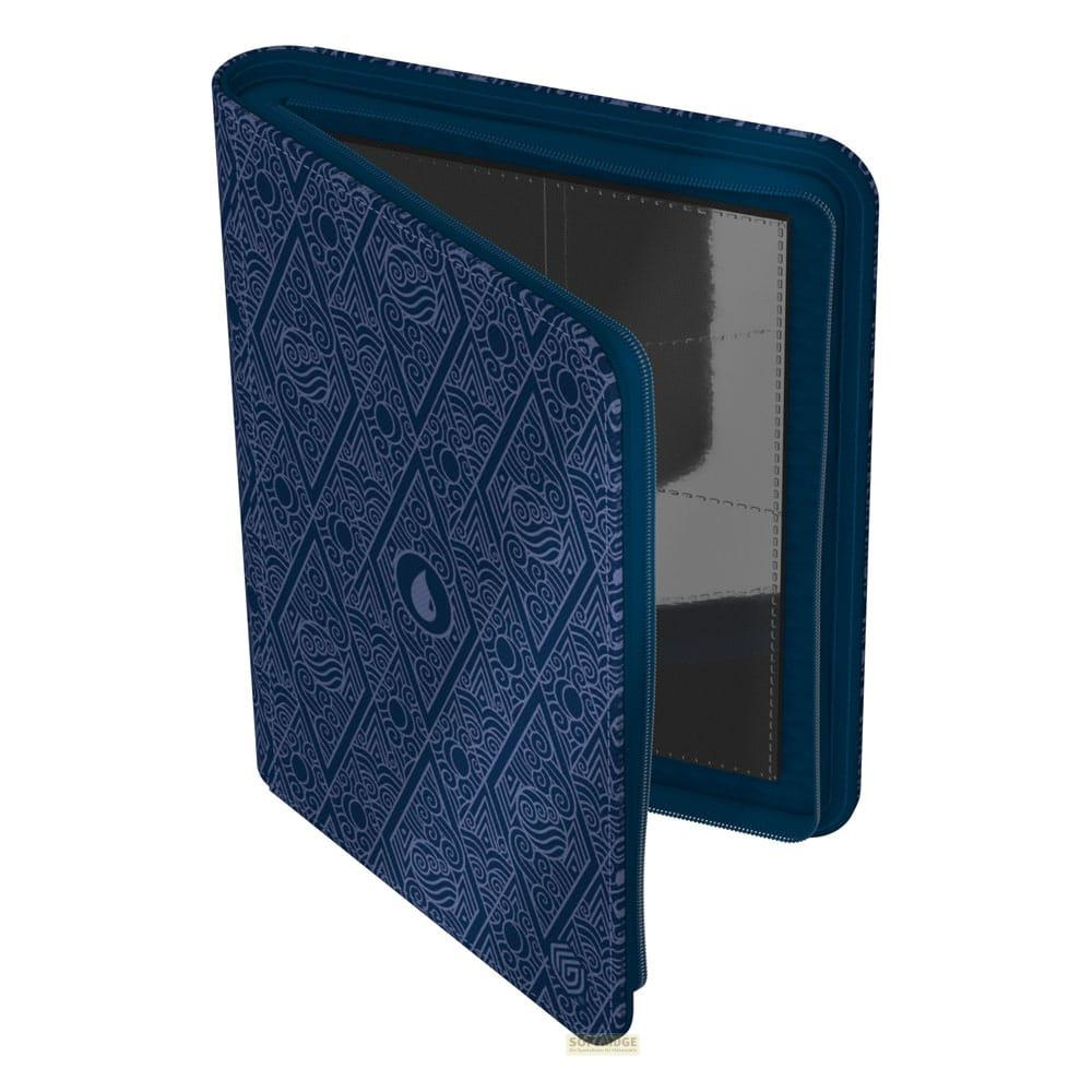 Un classeur de cartes bleu foncé à motif géométrique et fermeture éclair ouverte.