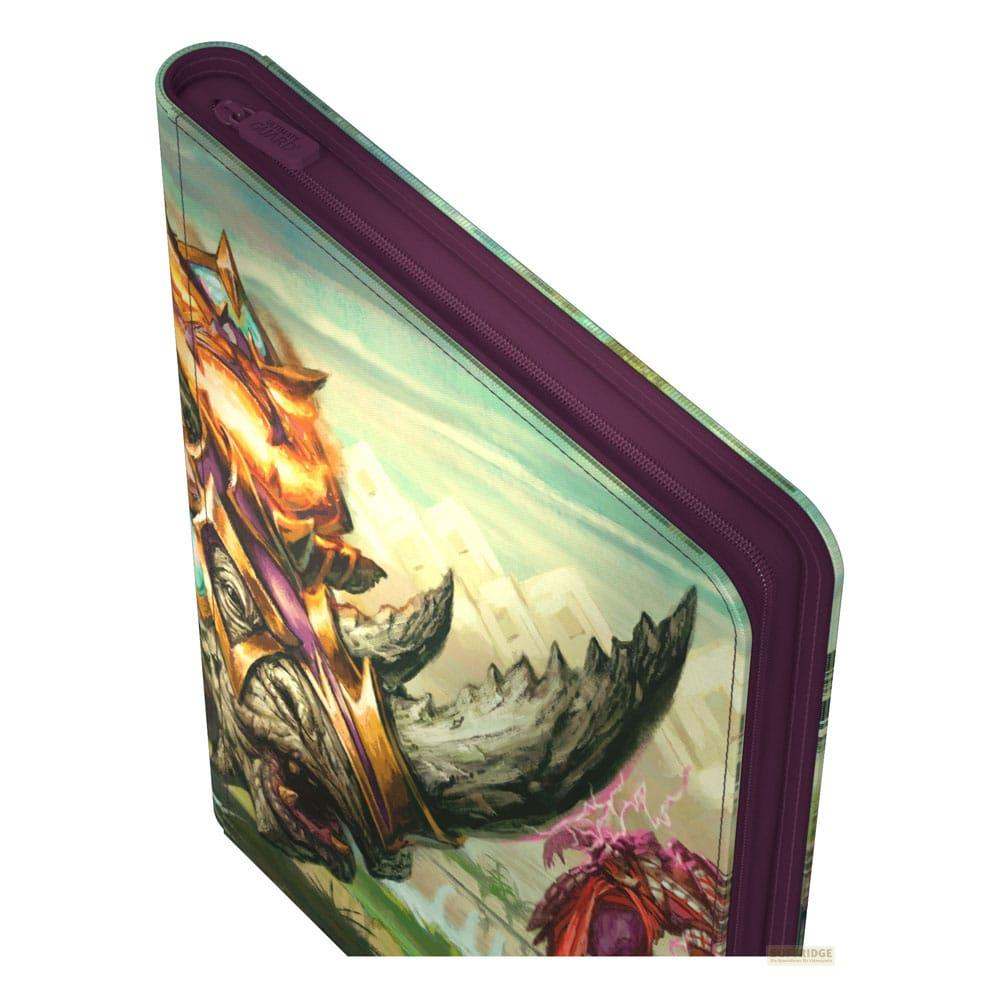 Un étui de jeu de cartes à collectionner ouvert avec un guerrier doré et un monstre.