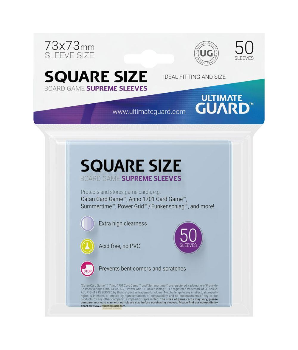 Confezione da 50 bustine (73x73mm) Ultimate Guard, ideali per giochi da tavolo.