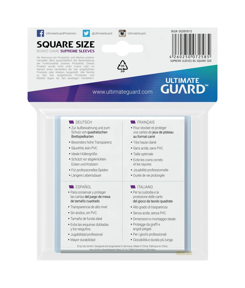 Confezione per bustine Ultimate Guard Square Size con informazioni multilingue.