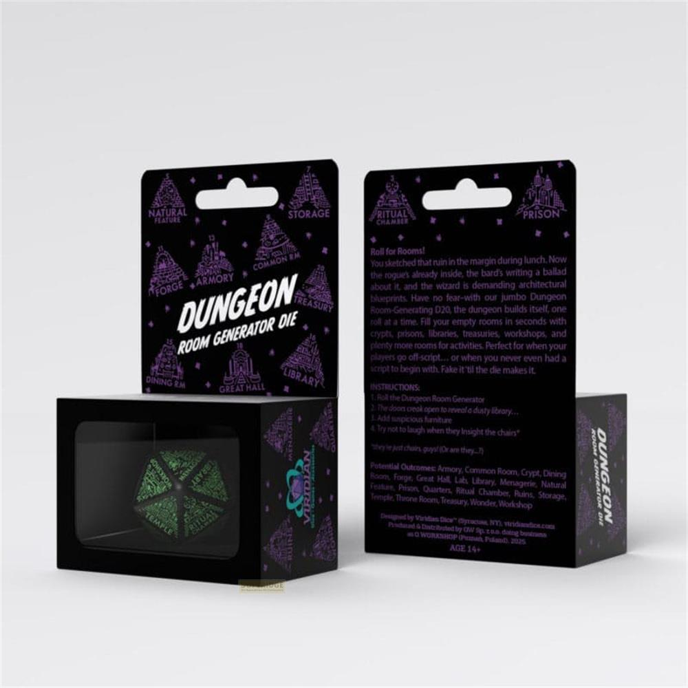 Un dado generatore di stanze del dungeon nella sua scatola. Include istruzioni e risultati potenziali.
