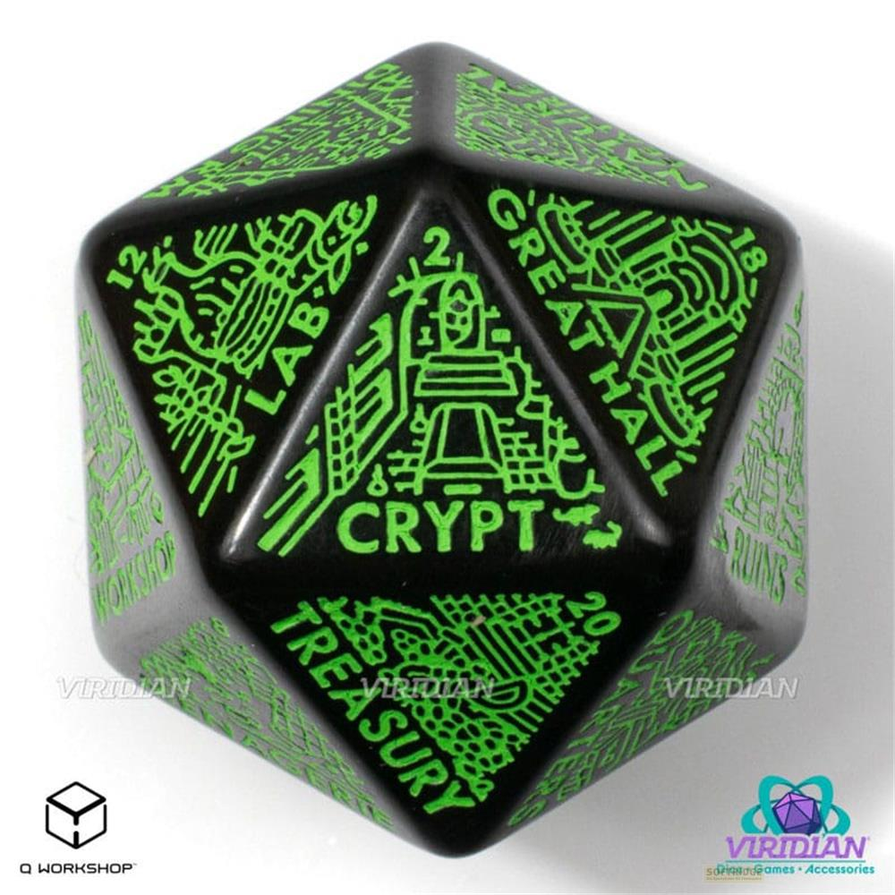 Dado D20 nero con simboli verdi e testo come 'Crypt', 'Great Hall'.