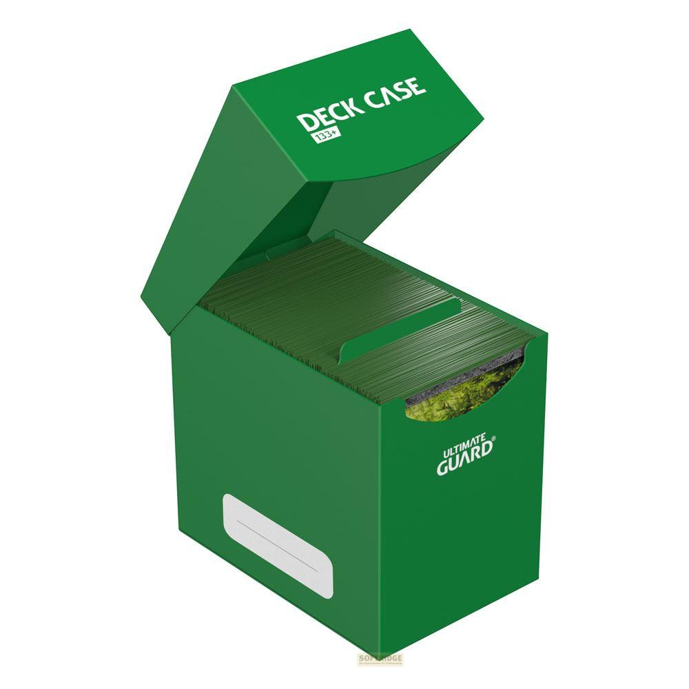 Custodia verde per mazzi con coperchio aperto, mostra carte e logo.