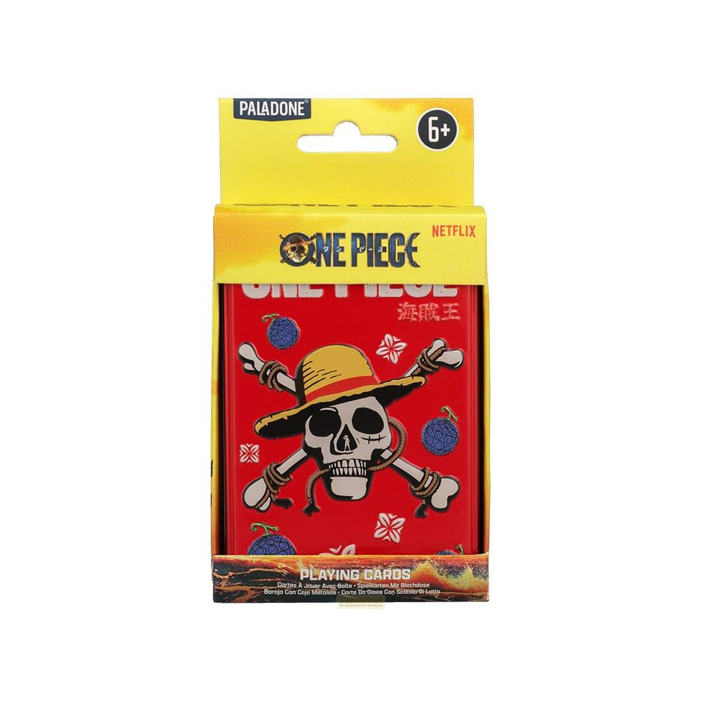 Une boîte de cartes à jouer avec tête de mort et tibias croisés dans le design One Piece.