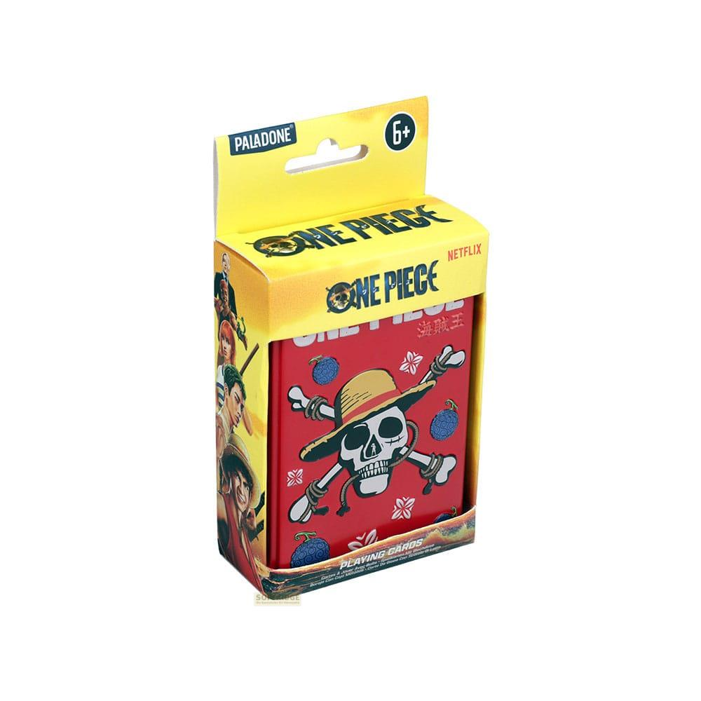Boîte de cartes à jouer One Piece avec motif tête de mort et tibias.