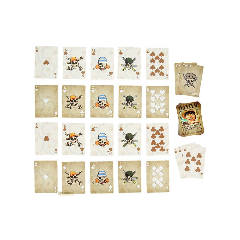 Cartes à jouer avec des motifs de pirates et un avis de recherche de Monkey D. Luffy.