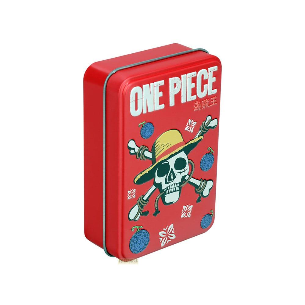 Boîte métallique rouge One Piece avec un design de tête de mort et des fruits.