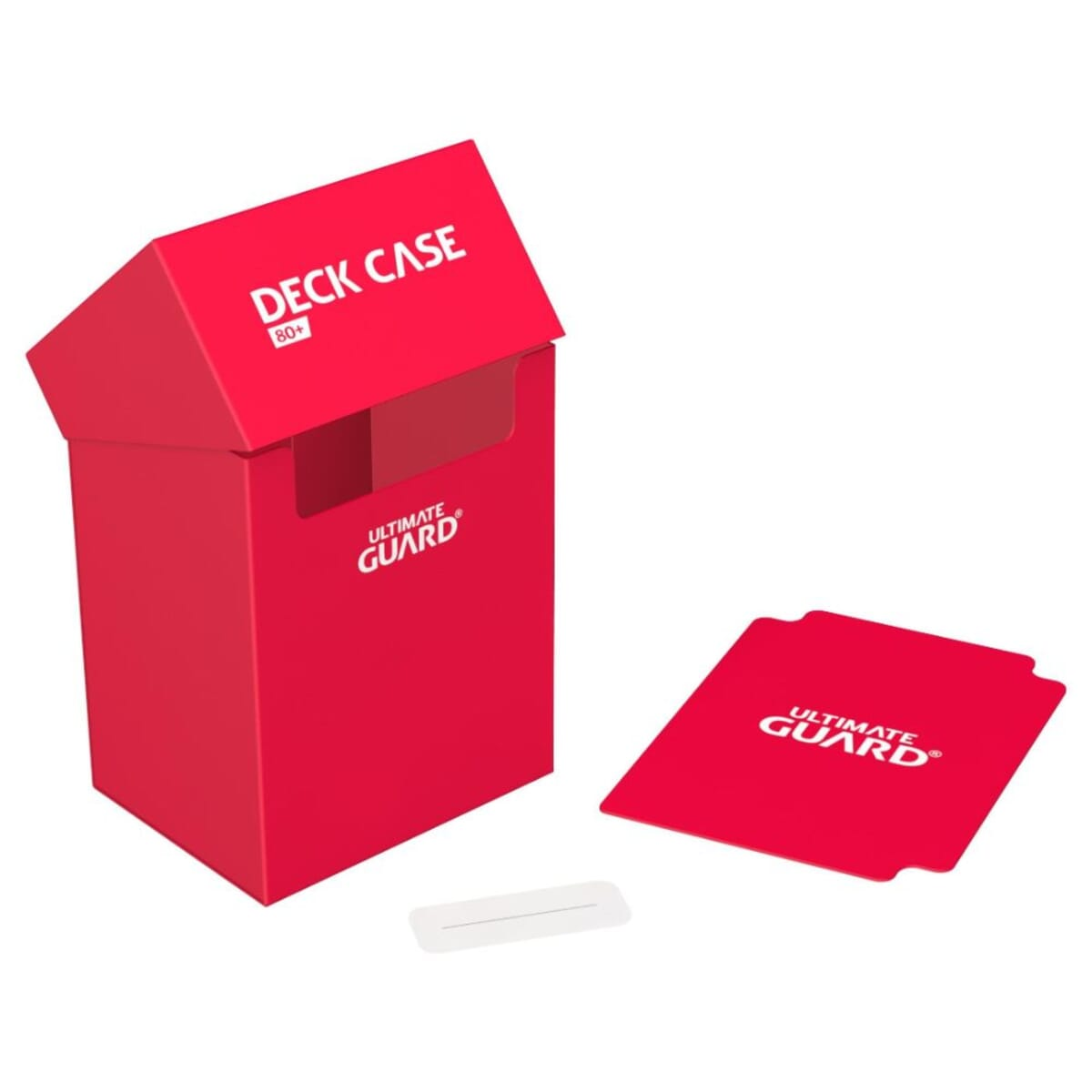 Astuccio rosso per mazzi con coperchio e una carta rossa.