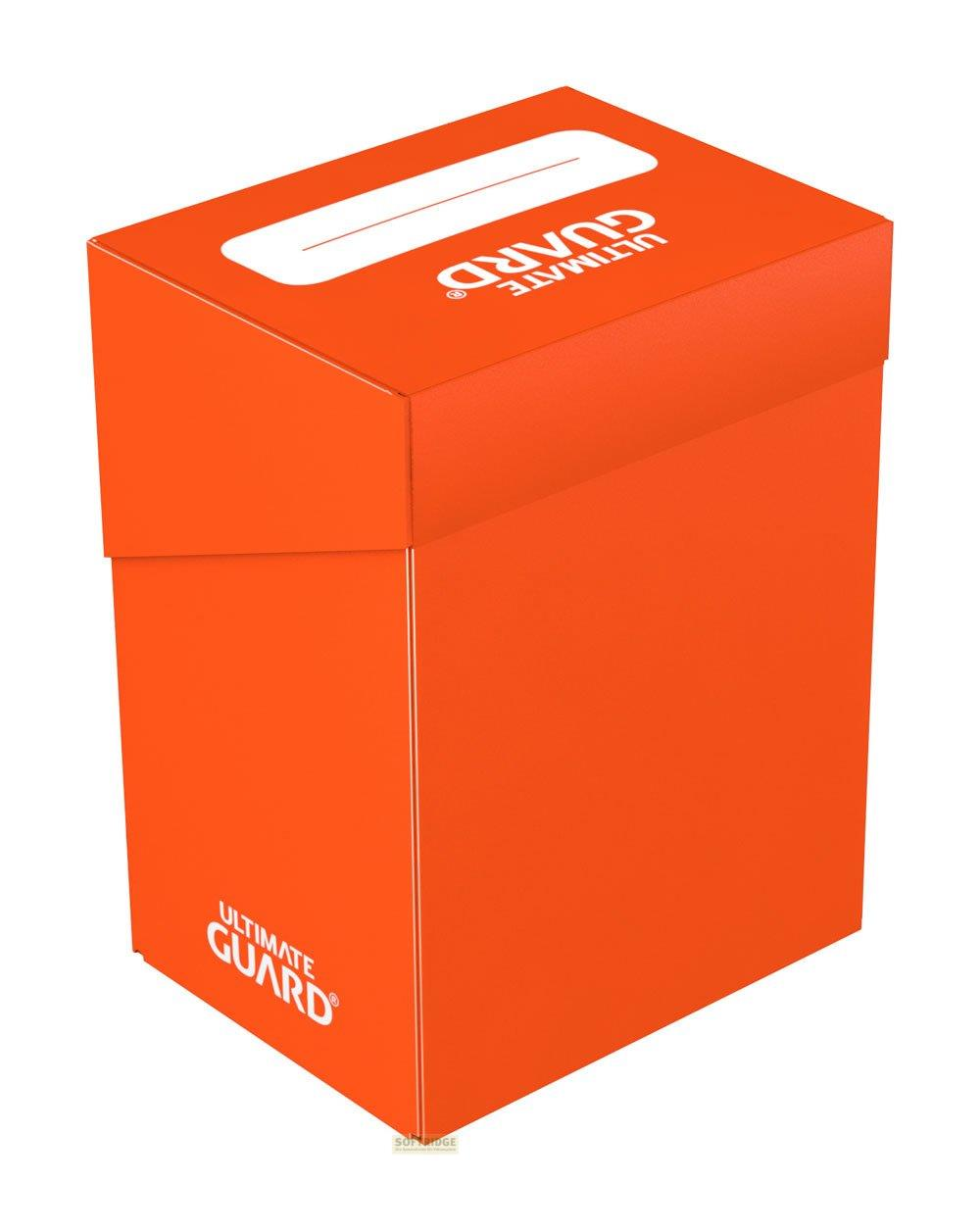Scatola per carte arancione con testo bianco "ULTIMATE GUARD" sul coperchio.