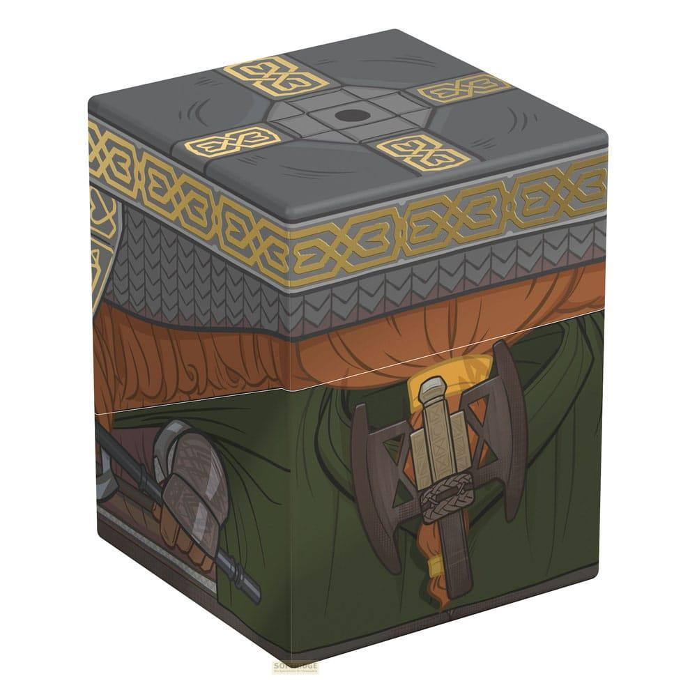 Une boîte cube avec des motifs de nain, montrant une hache sur une cape verte.