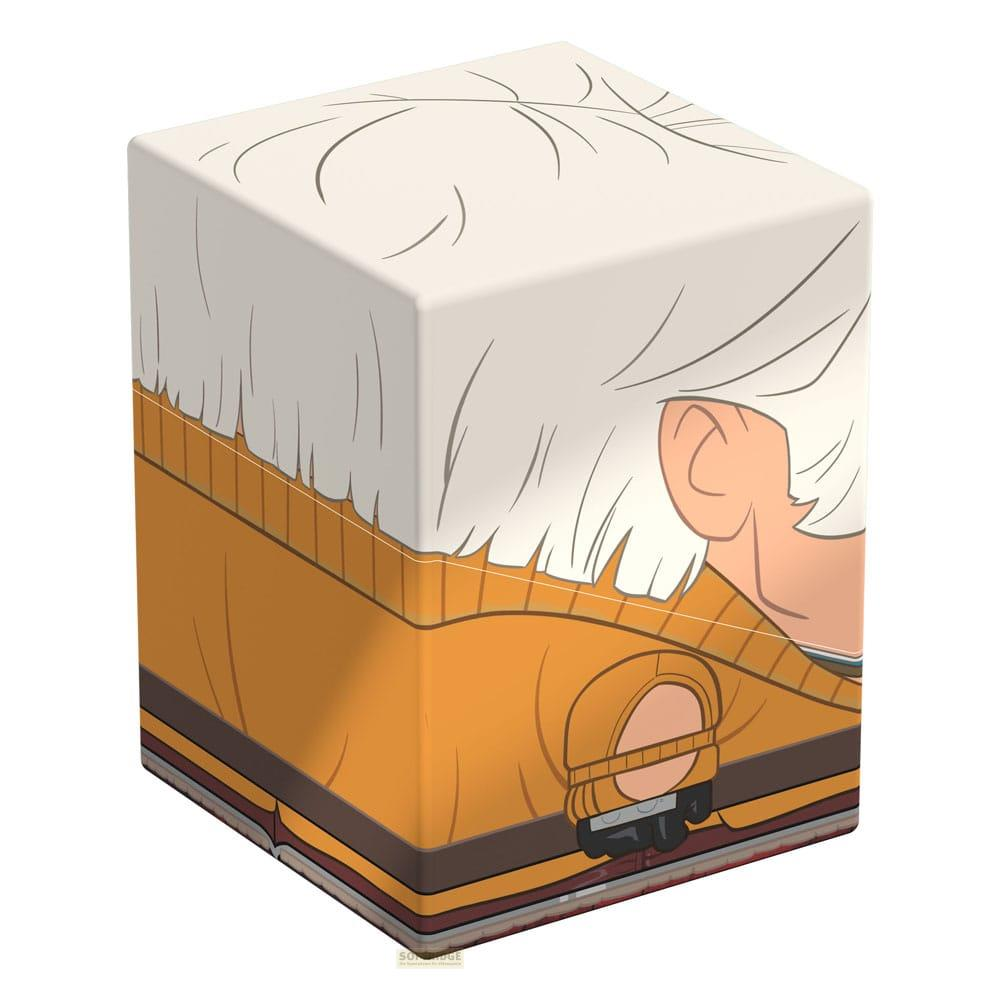 Un cubo con un personaggio anime. Capelli bianchi, maglione arancione.