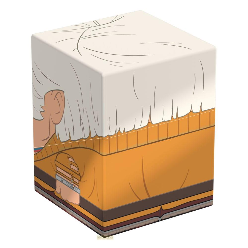 Un cubo con un personaggio dei cartoni animati che indossa un maglione arancione.