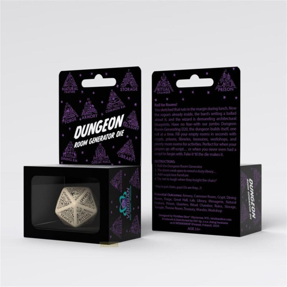 Un dado generatore di stanze per dungeon con simboli e testo.
