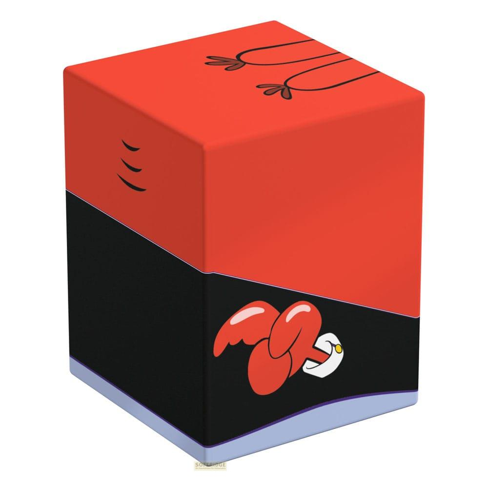 Cubo rosso con disegno cartoon bianco e nero. Tre linee ondulate a sinistra.