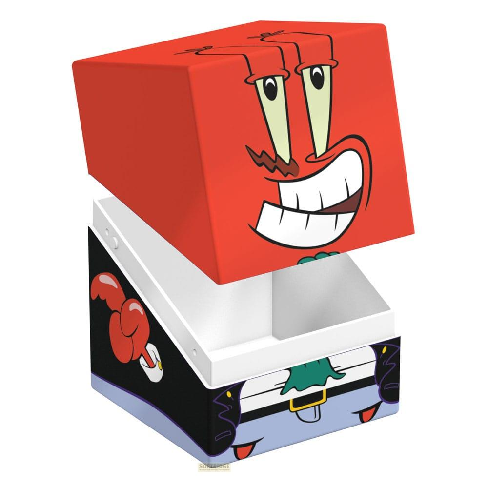 Un cubo rosso con il viso di Mr. Krabs sopra una scatola aperta che mostra il suo completo.