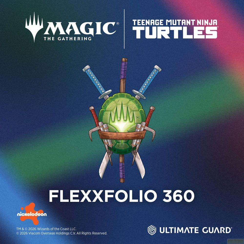 Loghi Magic The Gathering e TMNT sopra uno scudo con spade. Flexxfolio 360.