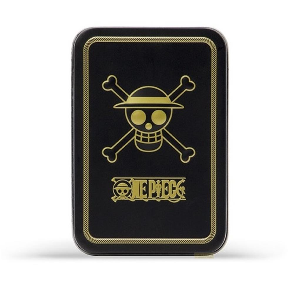 Boîte noire avec tête de mort et tibias croisés dorés, logo One Piece.