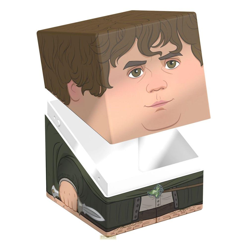 Un cube avec illustration de visage et corps, tenant une épée.
