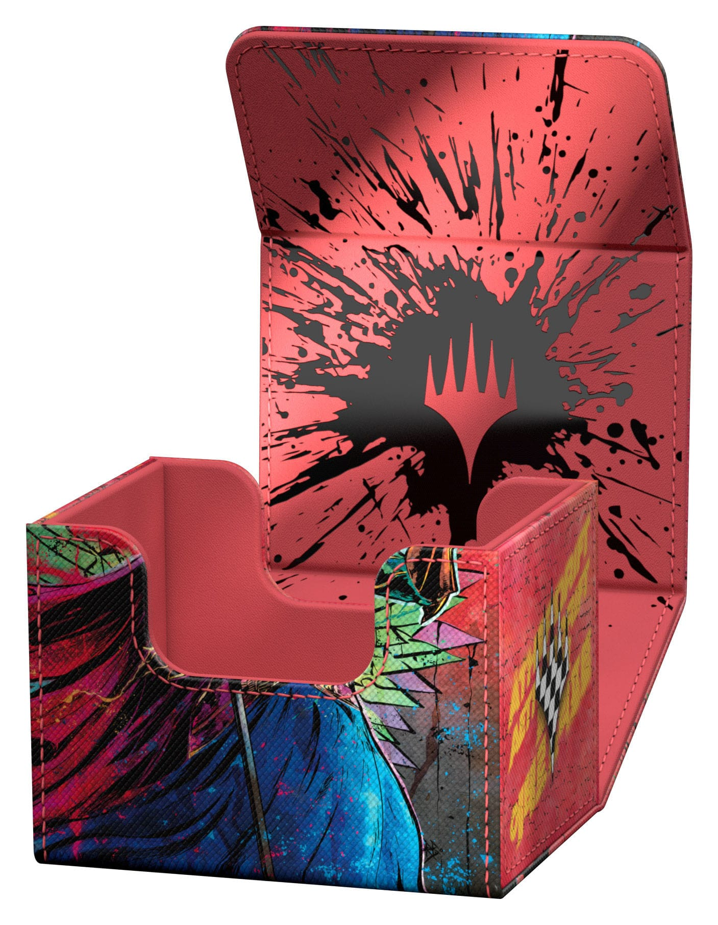 Boîte de deck rouge avec éclaboussures d'encre noire et un logo. Graphiques colorés sur les côtés.