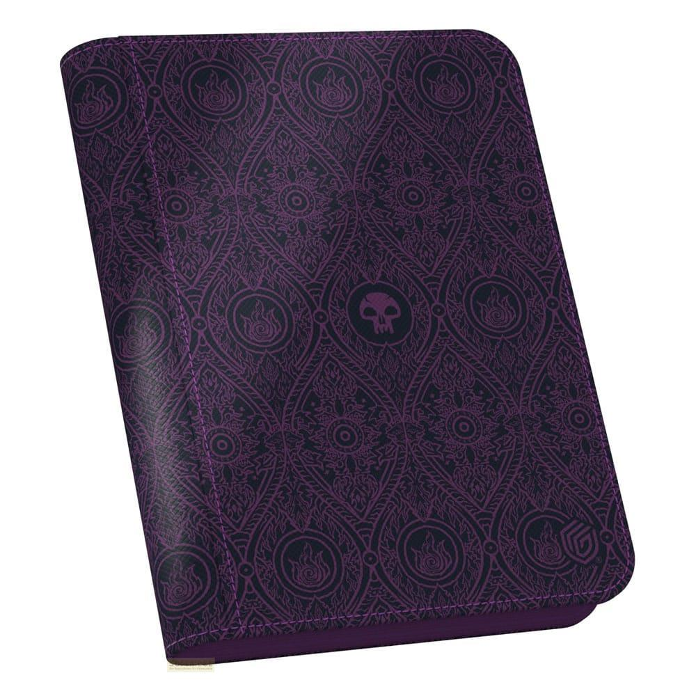 Classeur violet à motif sombre et symbole de crâne.