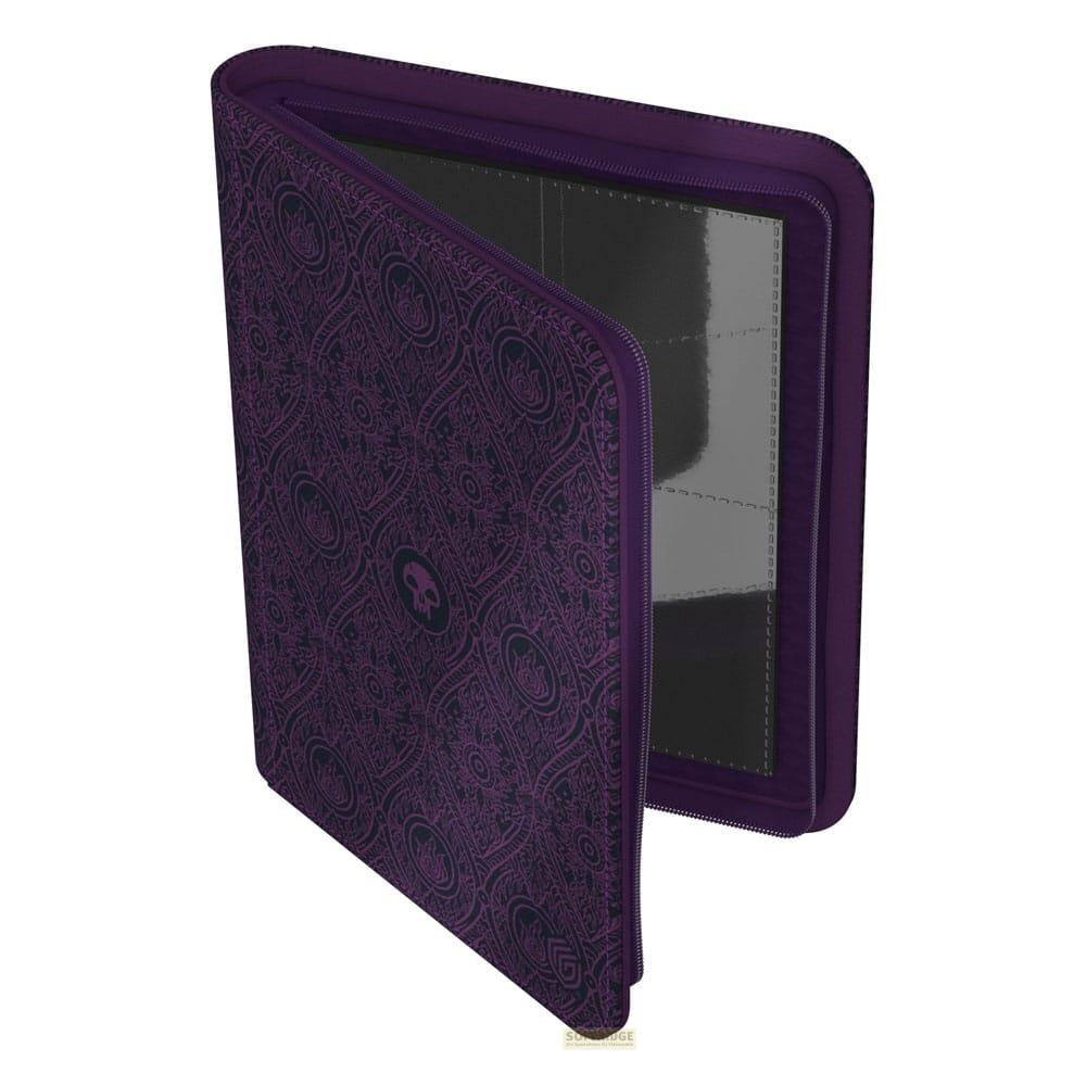 Un classeur violet à motifs avec fermeture éclair, ouvert pour révéler des pochettes.
