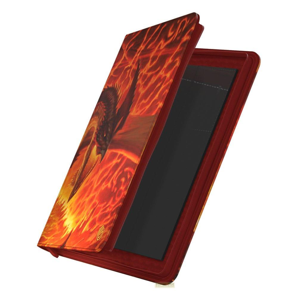 Dossier rouge avec art de dragon, ouvert, montrant un insert noir.