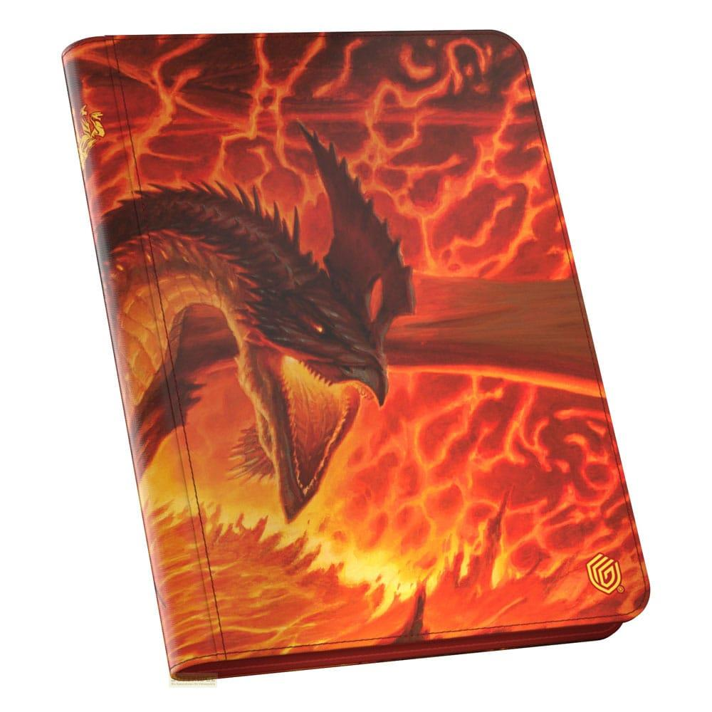 Un dragon rouge avec un fond enflammé sur une couverture.
