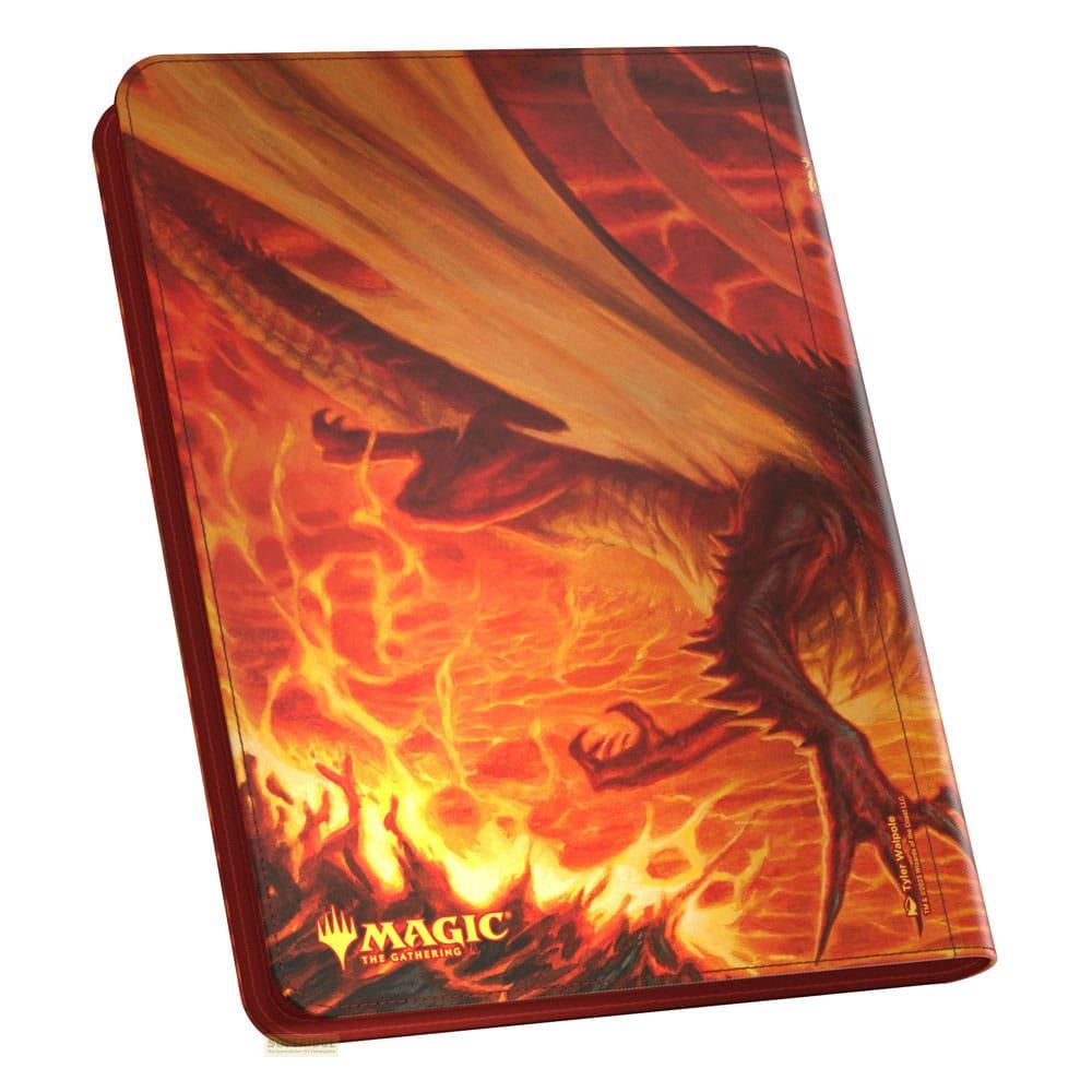 Une boîte de deck rouge avec un dragon enflammé et le logo Magic.