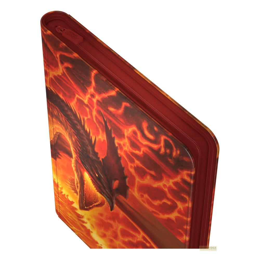 Un classeur rouge avec un dragon sur fond orange flamboyant.