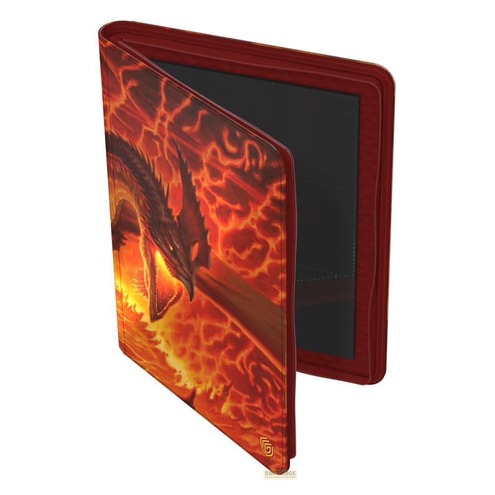 Classeur rouge avec art de dragon et flammes. Ouvert, montrant des pages intérieures noires.