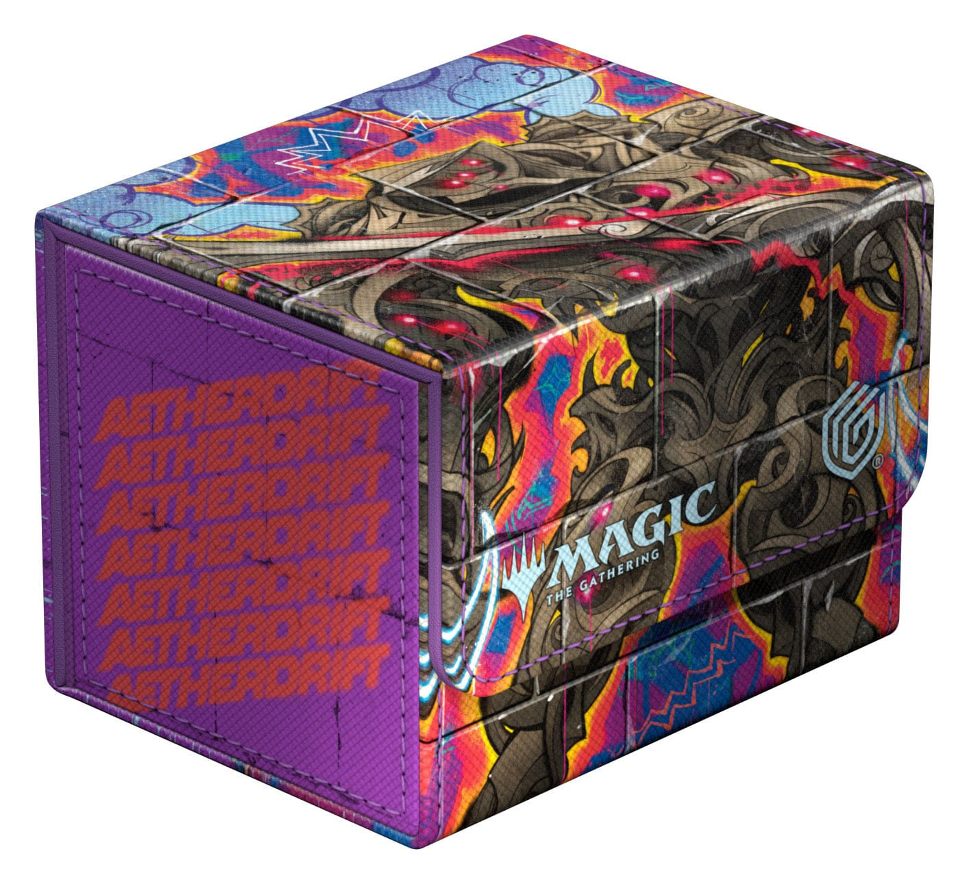 Una colorata deck box di Magic The Gathering con arte stile graffiti e lati viola.