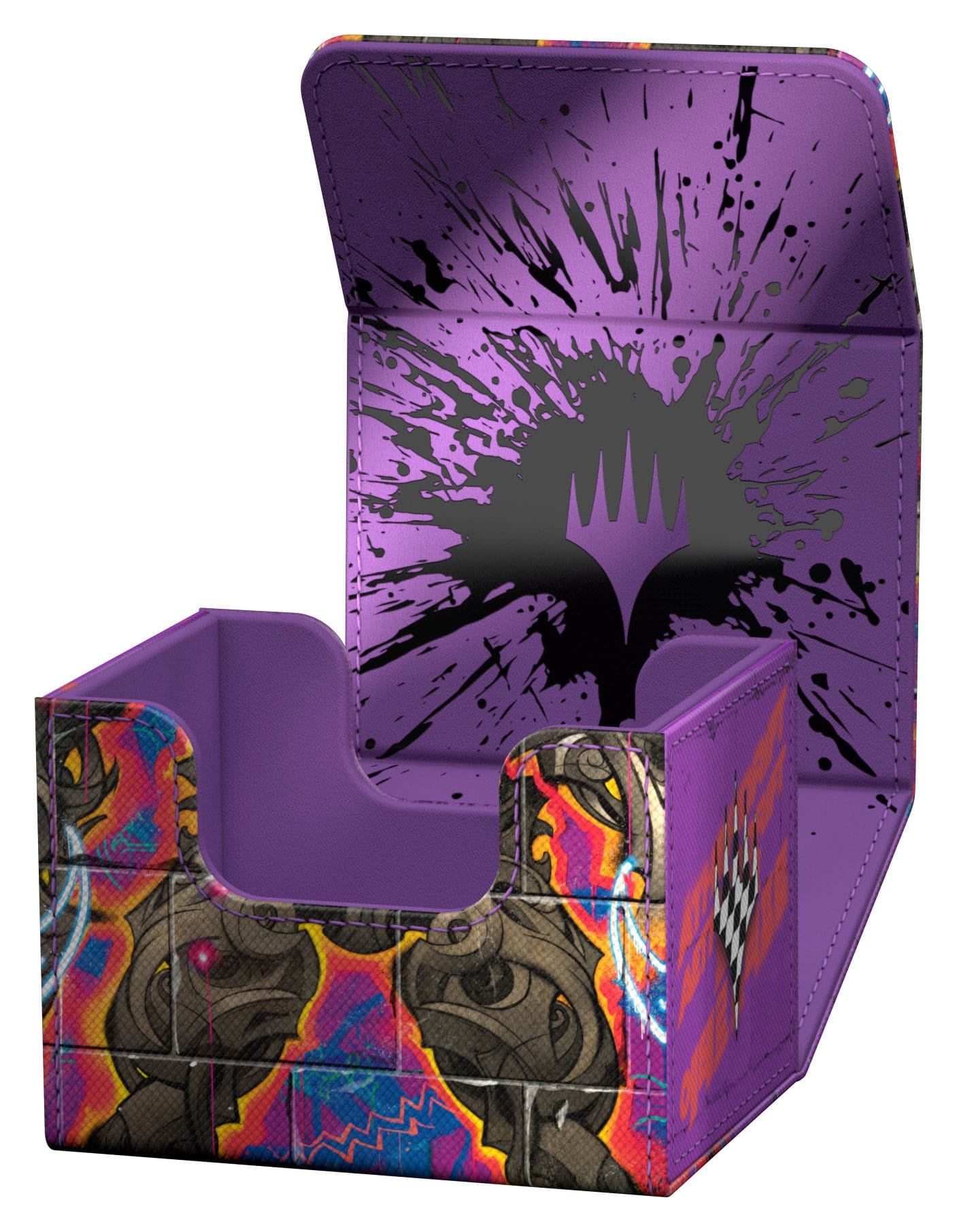 Portamazzo viola con design graffiti e schizzi neri all'interno.