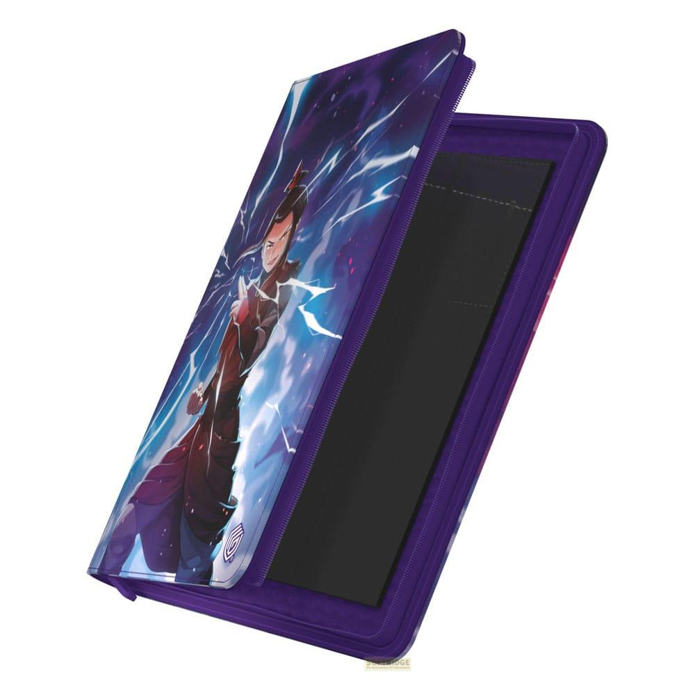 Dossier violet avec personnage d'anime et design éclair, ouvert.