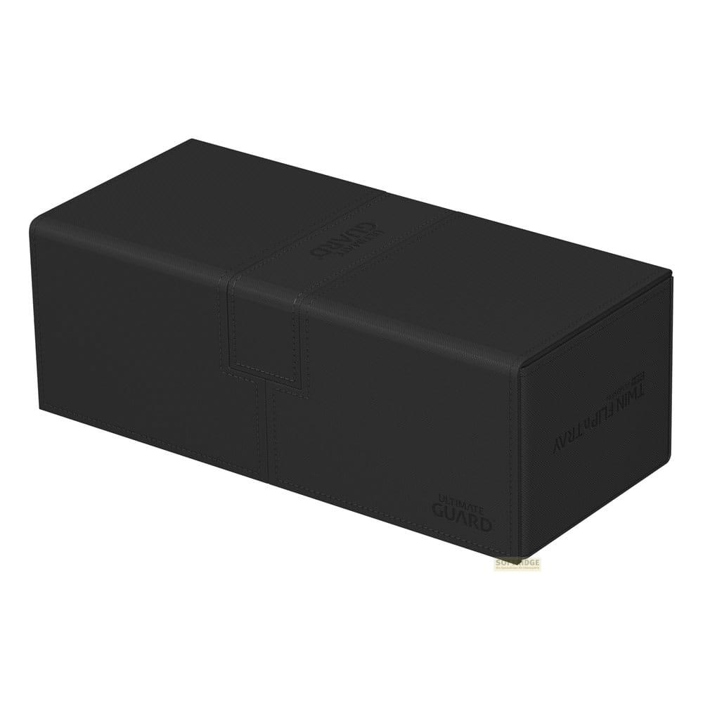 Une boîte de deck noire Ultimate Guard Twin Flip-Tray est montrée de côté.