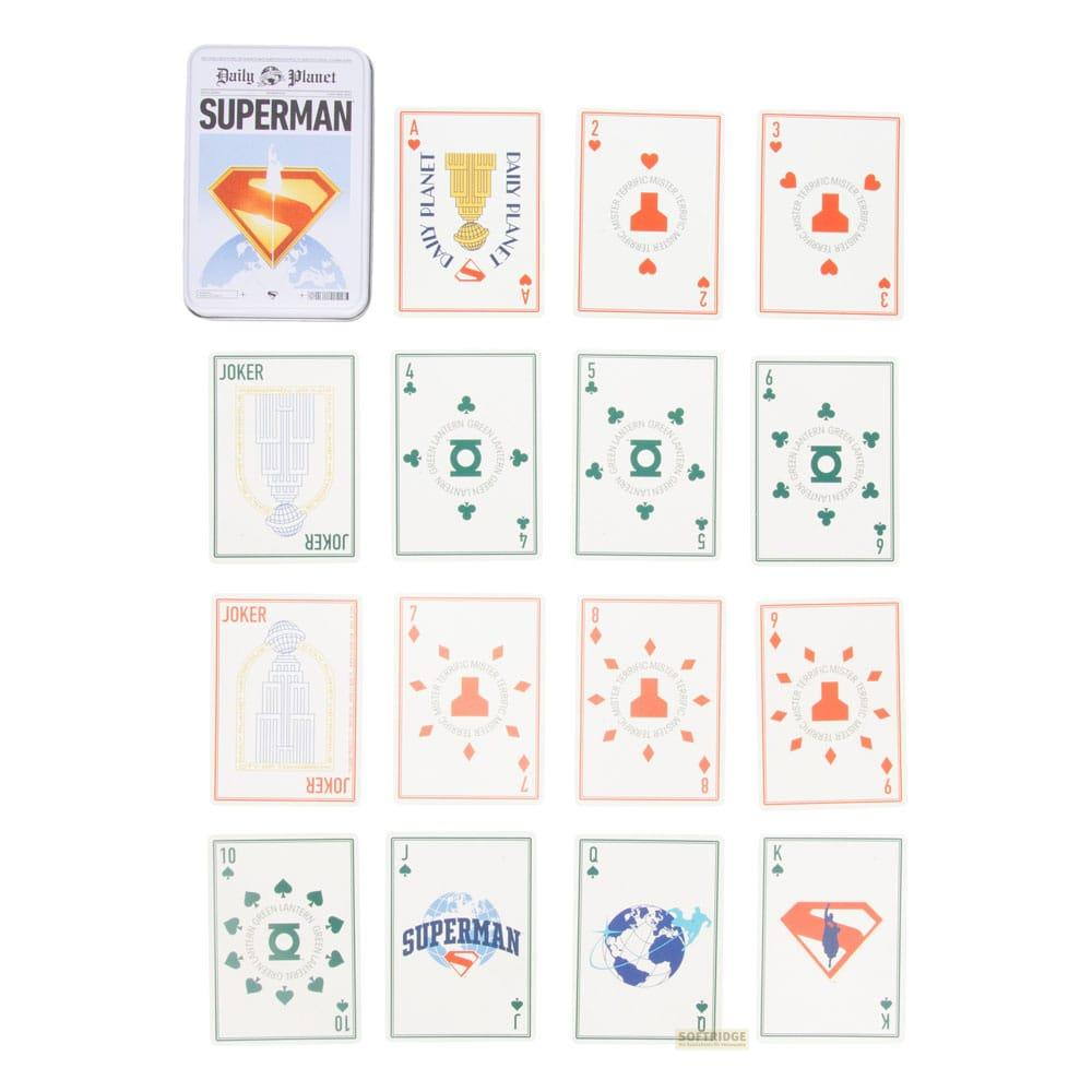 Cartes à jouer Superman avec logo Daily Planet et illustrations.
